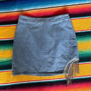 Denim Skirt with Rhinestone Fringe Detail